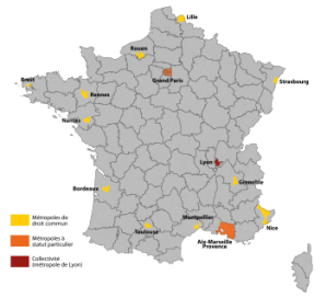 Carte publiée dans l’article « Métropole (intercommunalité française) » de Wikipedia